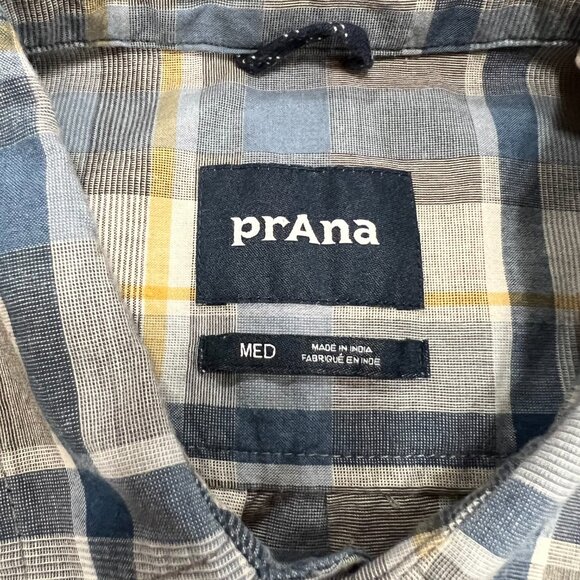 prAna Button Up Short Sleeve Blue Grey Yellow Cream Men's Size M - Picture 9 of 14